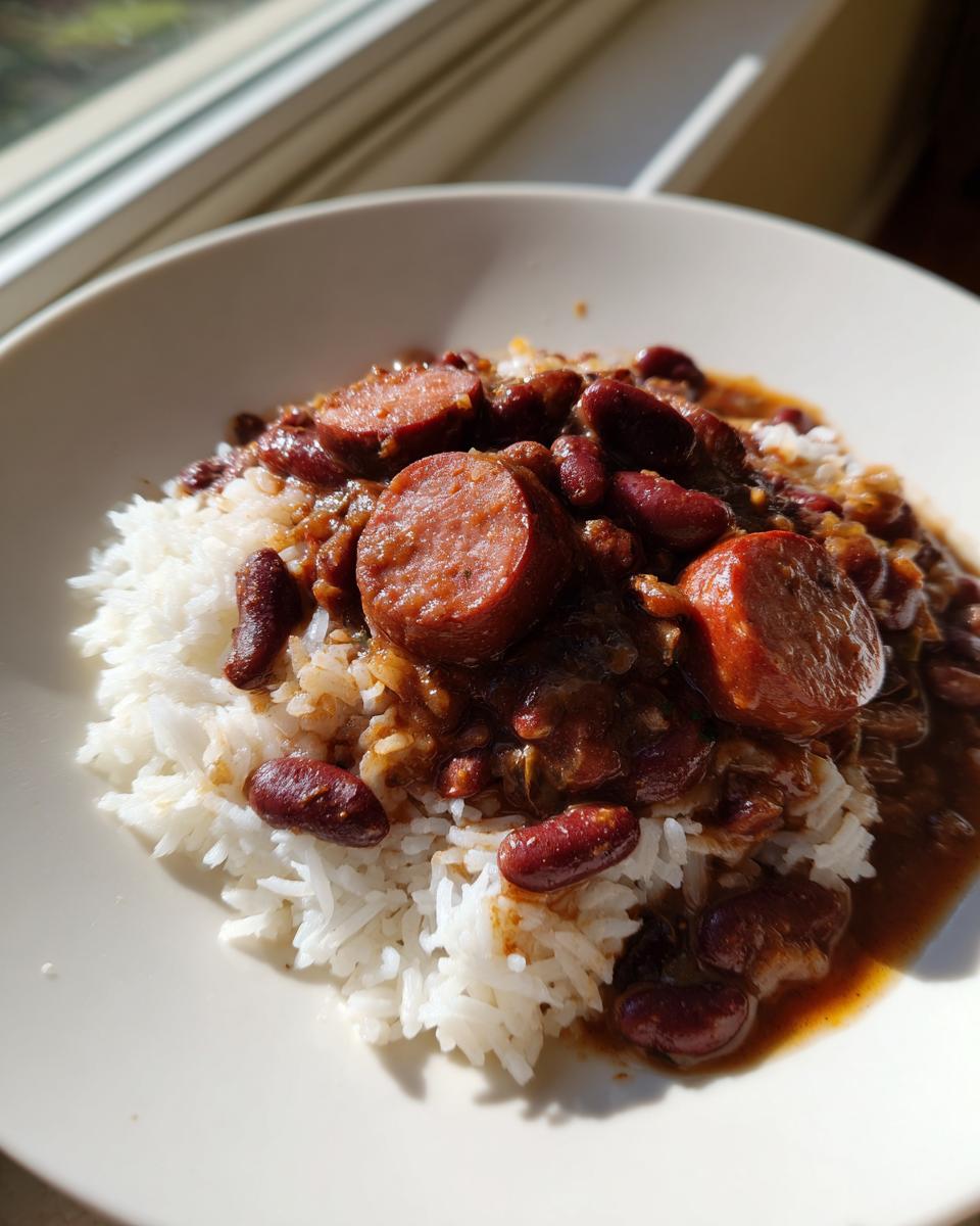 A close-up of a bowl of white rice topped with rich, savory red beans and rice and sliced smoked sausage.