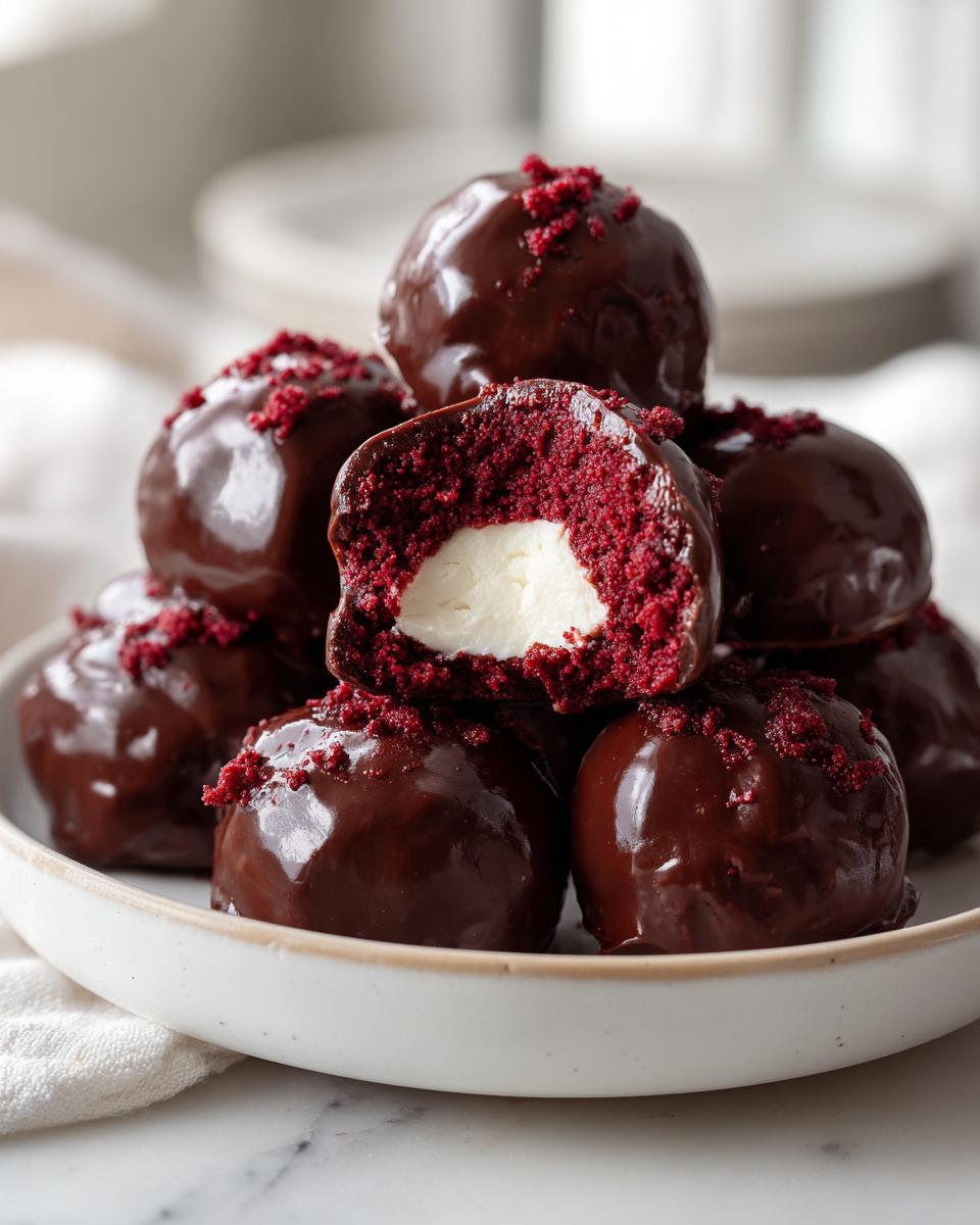 A stack of chocolate-dipped red velvet cake balls, one cut open showing the white cream cheese filling.