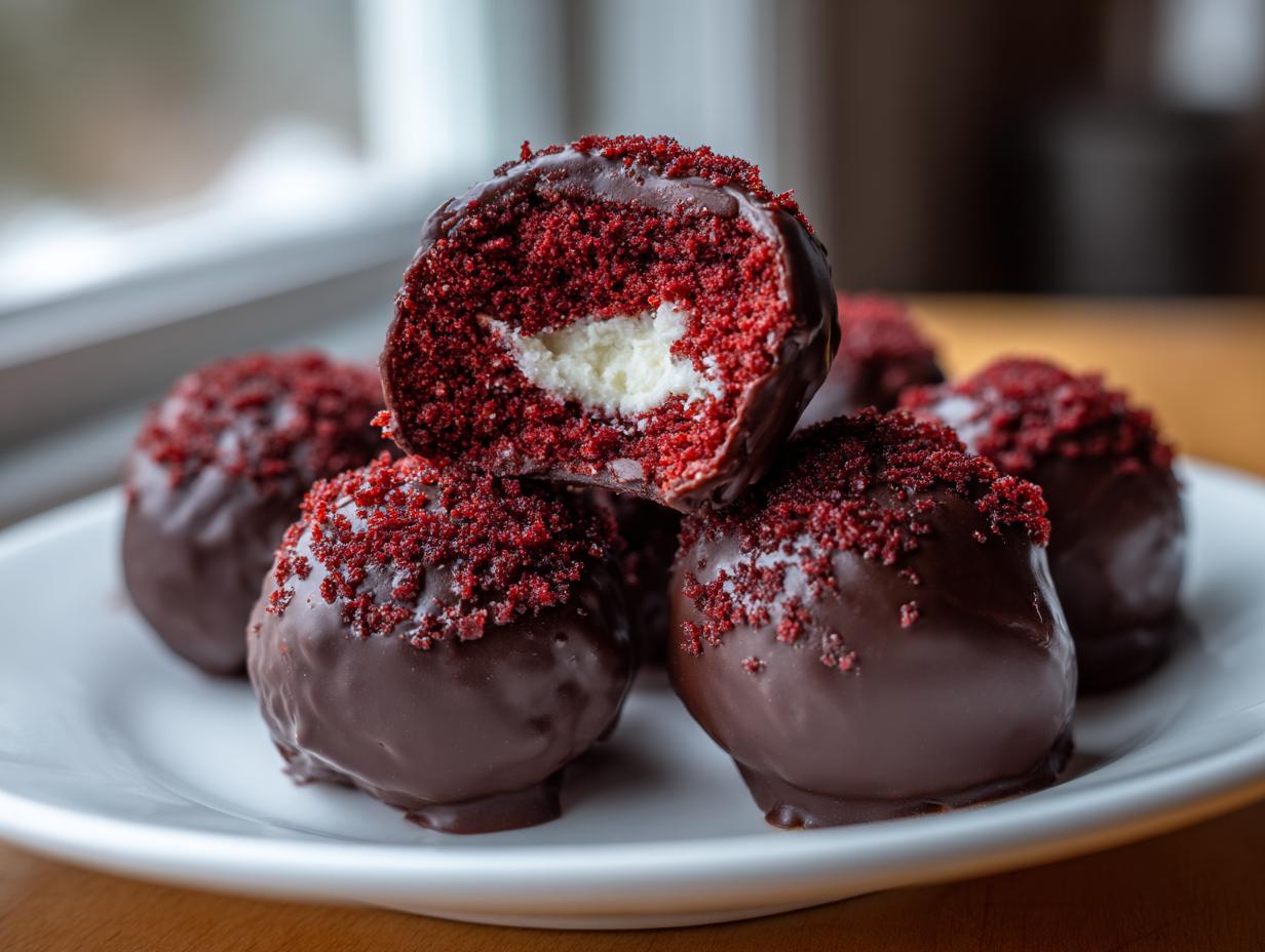 Close-up of rich red velvet cake balls dipped in chocolate, one cut open revealing the cream cheese center.