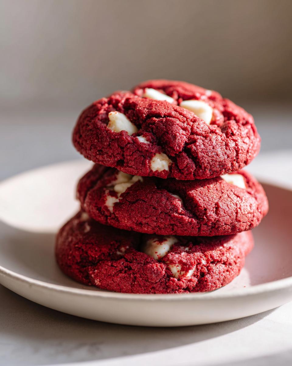 A stack of three vibrant red velvet cake mix cookies studded with white chocolate chips, resting on a light plate.