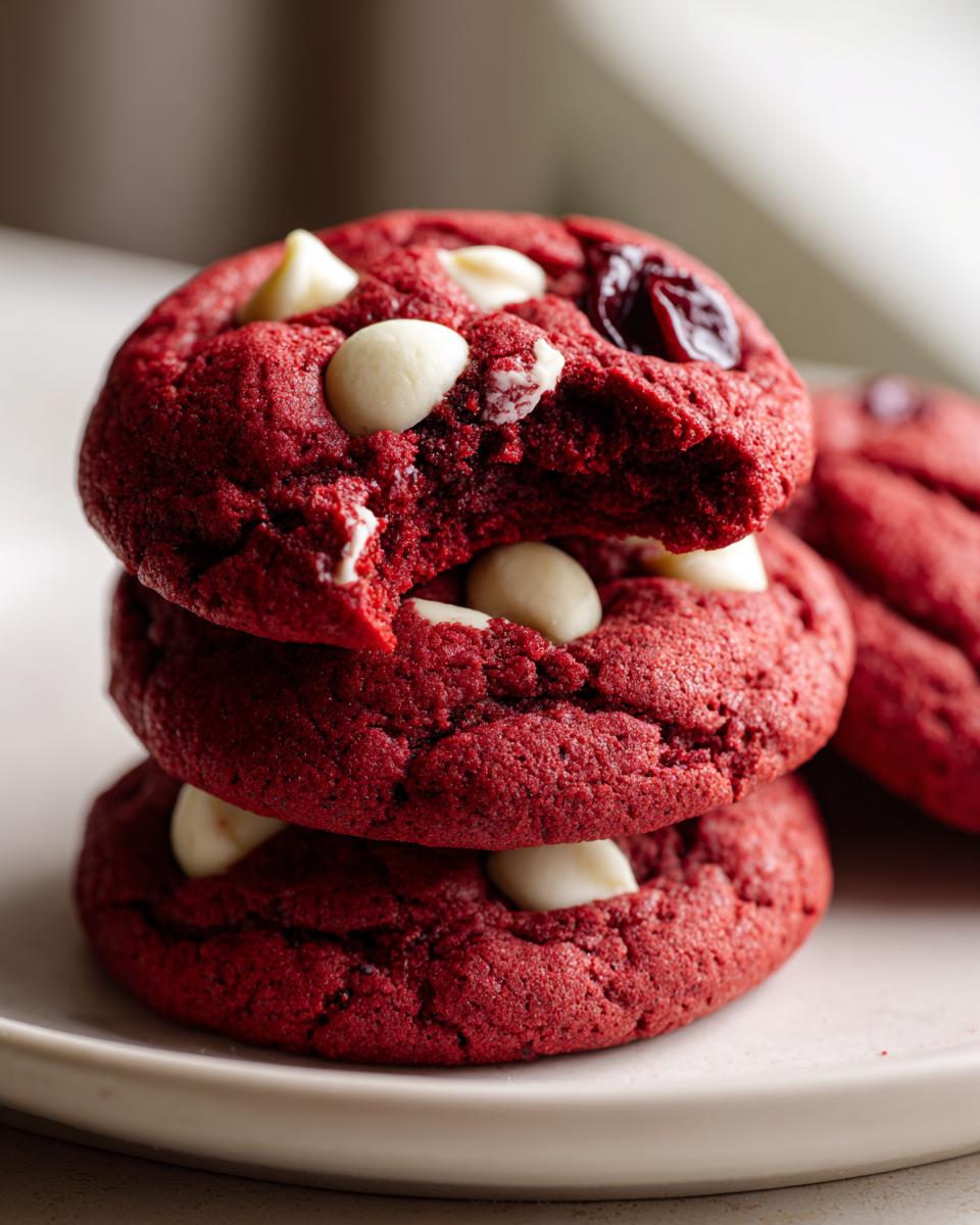 A stack of three vibrant red velvet cake mix cookies studded with white chocolate chips, one cookie has a bite taken out.