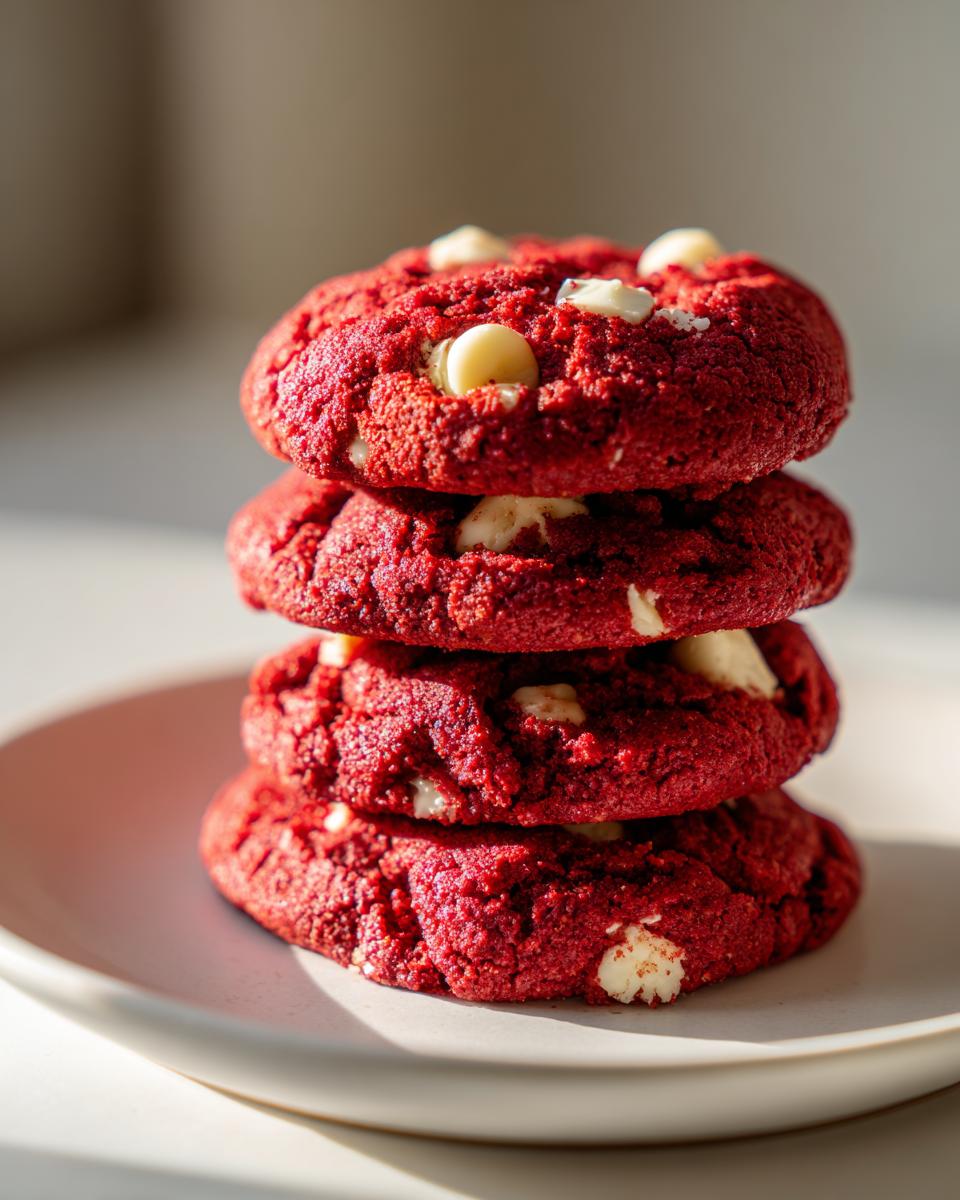 A stack of four vibrant red velvet cake mix cookies studded with white chocolate chips, resting on a light plate.