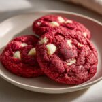 Three vibrant red velvet cake mix cookies studded with white chocolate chips resting on a light plate.