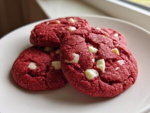 Three rich, bright red velvet cake mix cookies studded with white chocolate chips resting on a white plate.