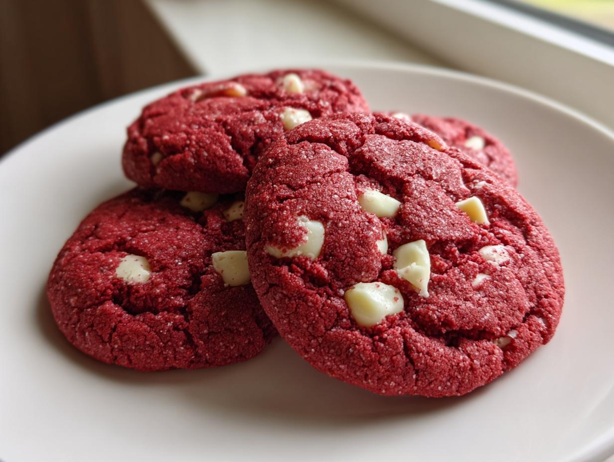 Three rich, bright red velvet cake mix cookies studded with white chocolate chips resting on a white plate.