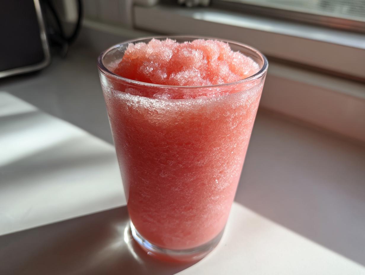 A close-up of a frosty, bright pink watermelon smoothie served in a clear glass, illuminated by sunlight.