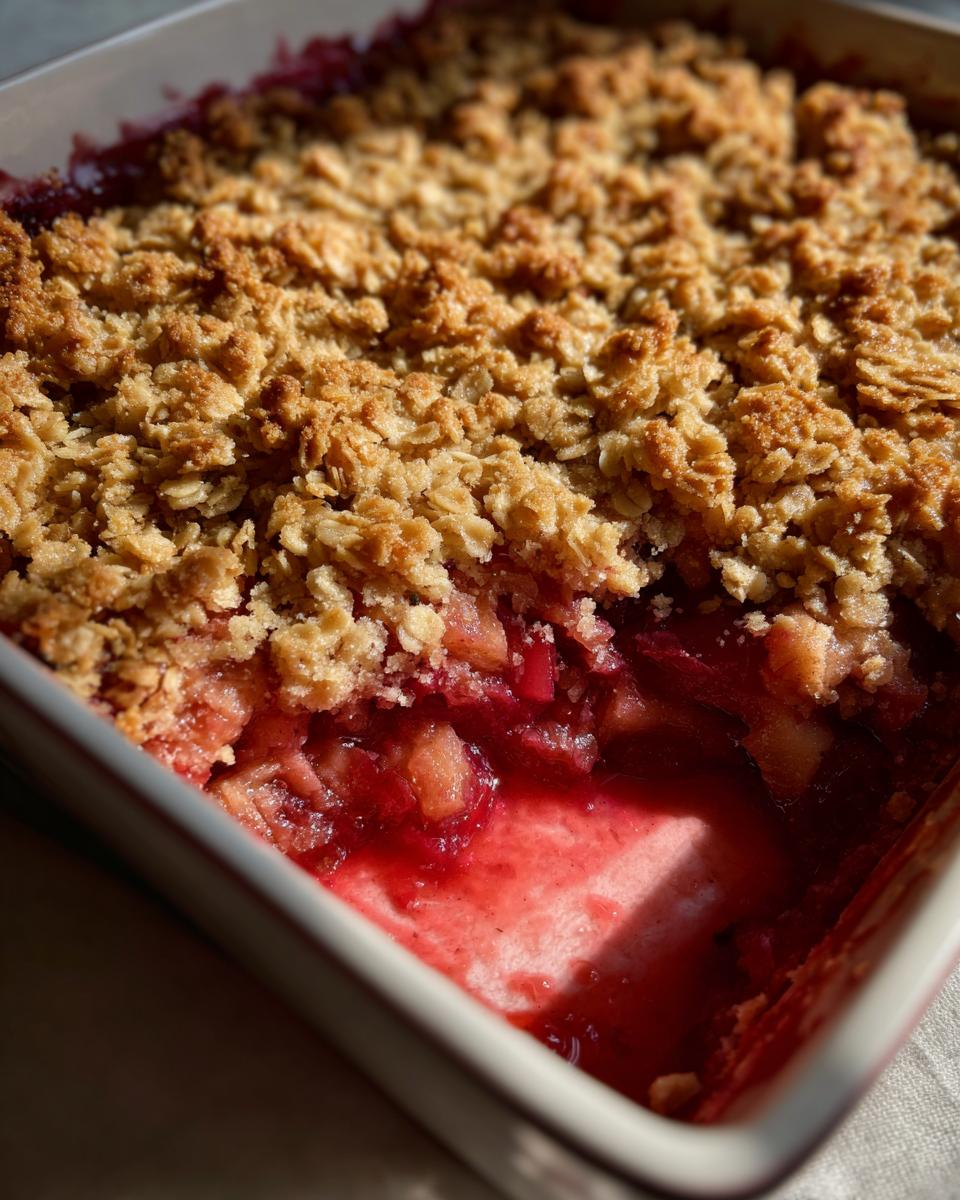 Close-up of a freshly baked rhubarb crisp showing the golden oat topping and bubbling red fruit filling.