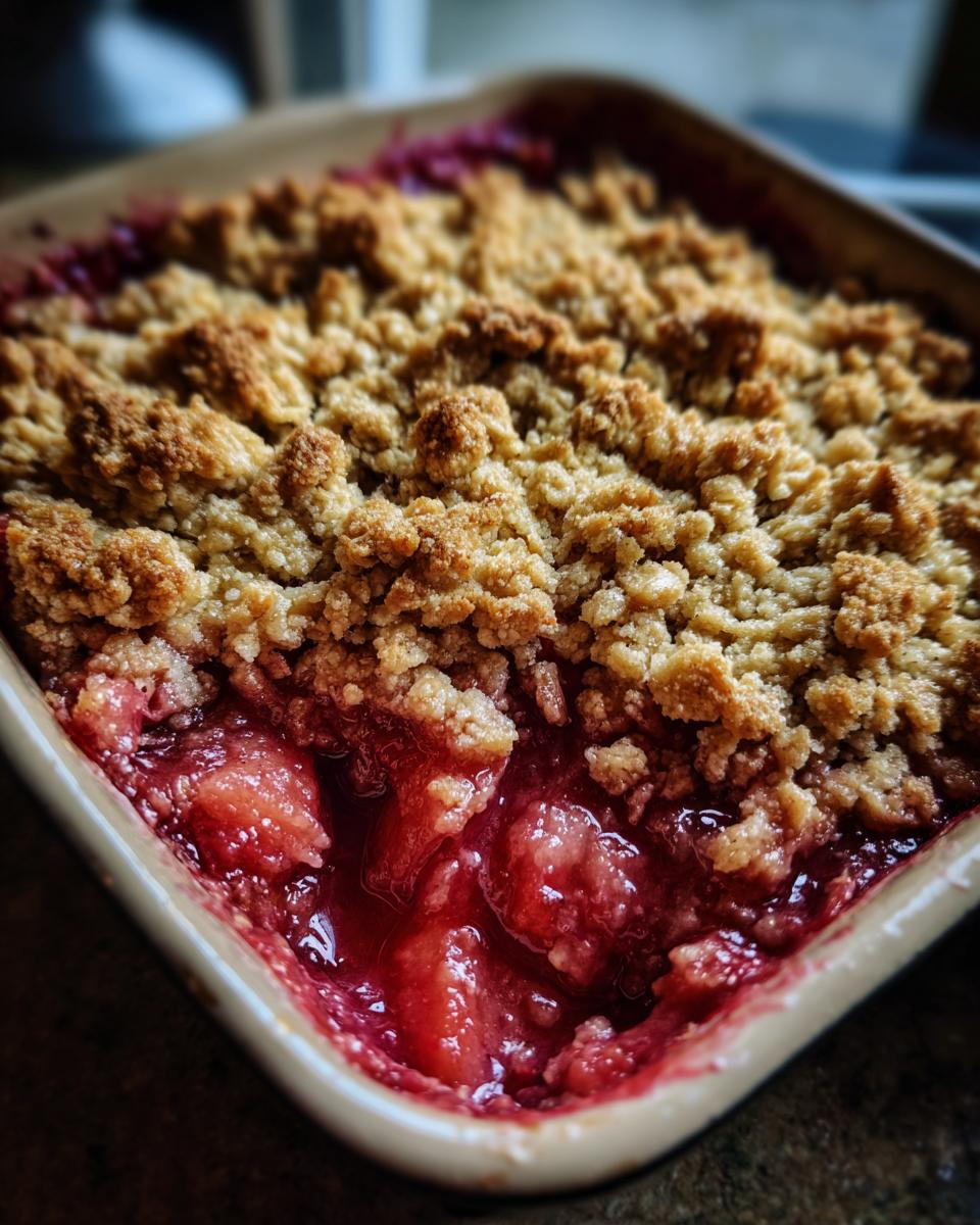 A close-up view of a freshly baked rhubarb crisp showing the bubbling red fruit filling under a golden, crumbly topping.