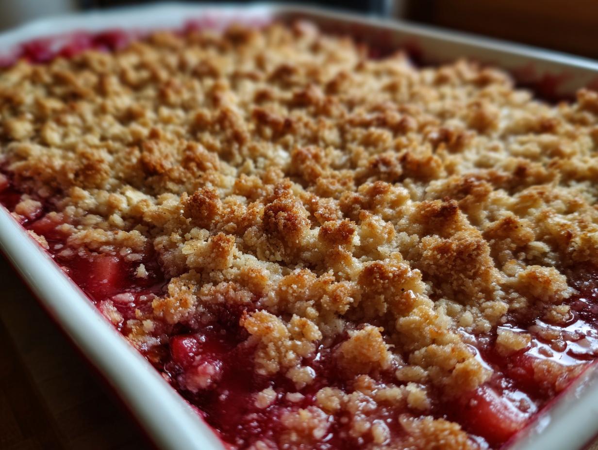 Close-up of a freshly baked rhubarb crisp with a bubbling, bright red fruit filling and a golden, crumbly topping.