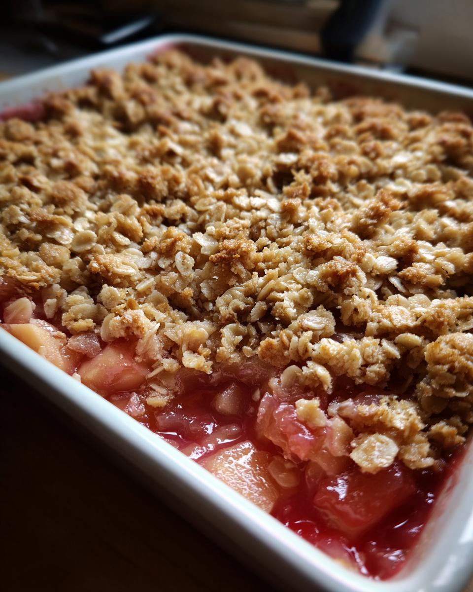 Close-up of a freshly baked rhubarb crisp showing bubbling fruit filling and golden, crunchy oat topping.