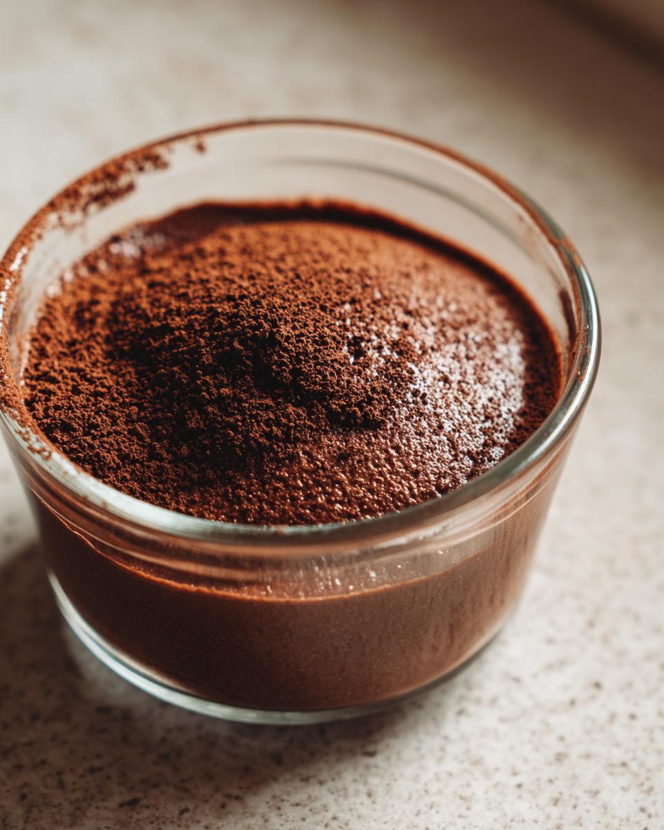 Close-up of a single serving of rich chocolate mousse in a glass, generously dusted with cocoa powder.