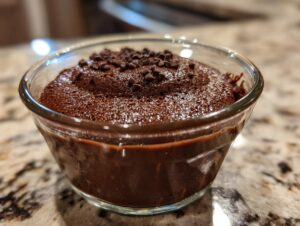 Close-up of rich, dark chocolate mousse topped with mini chocolate chips in a clear glass bowl.