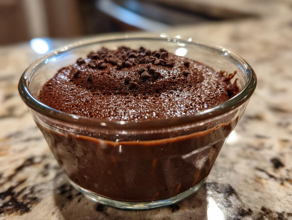 Close-up of rich, dark chocolate mousse topped with mini chocolate chips in a clear glass bowl.
