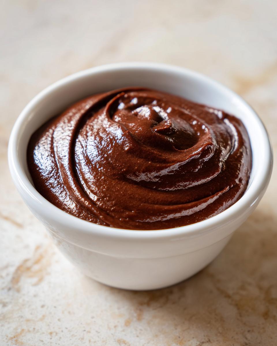 Close-up of rich, dark homemade chocolate pudding swirled in a small white bowl.