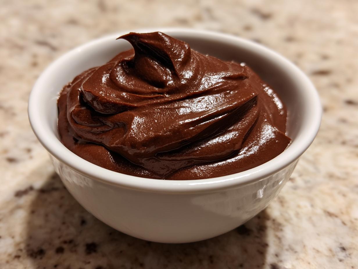 A close-up of thick, glossy homemade chocolate pudding swirled high in a small white bowl.