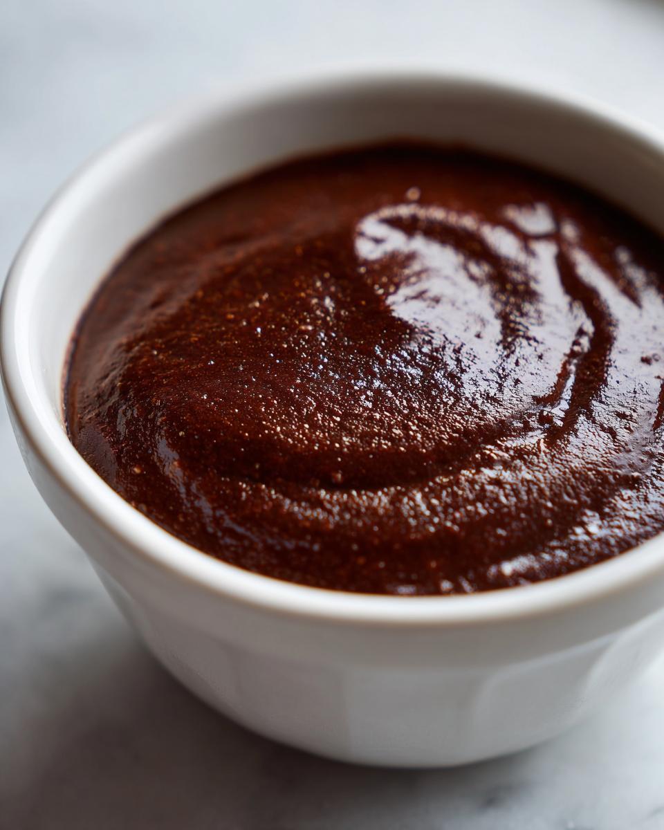 Close-up of rich, dark homemade chocolate pudding swirled in a small white bowl.