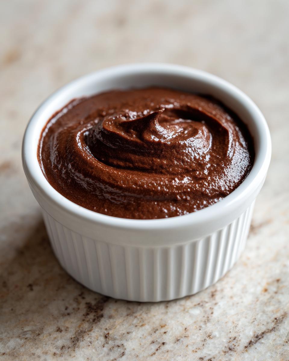 A close-up of thick, rich homemade chocolate pudding swirled in a white ceramic ramekin.