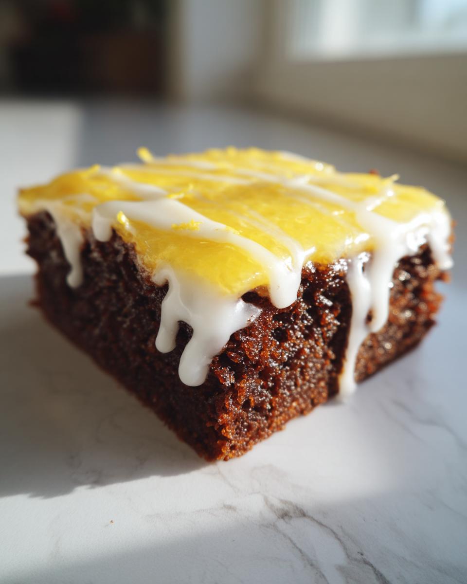 A single, rich, dark square of lemon brownies topped with bright yellow lemon glaze and white icing drizzle.