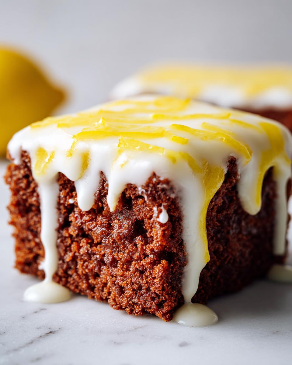 A close-up of a rich, dark square of lemon brownies topped with thick white glaze and bright yellow lemon zest.