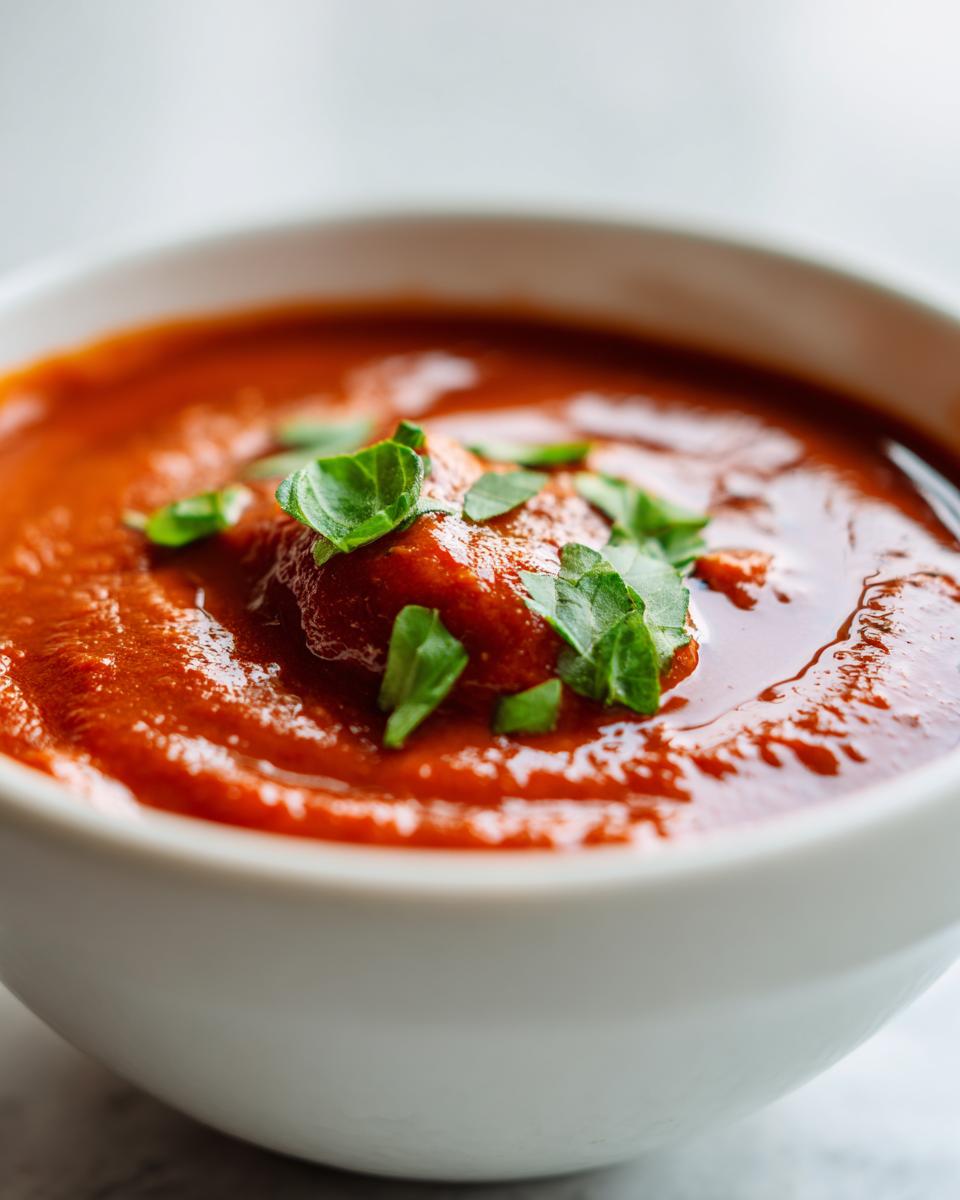 Close-up of rich, vibrant tomato basil soup garnished with fresh basil leaves in a white bowl.