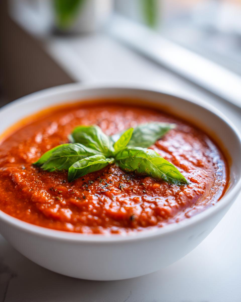 Close-up of a vibrant red tomato basil soup topped with fresh basil leaves and dried herbs in a white bowl.