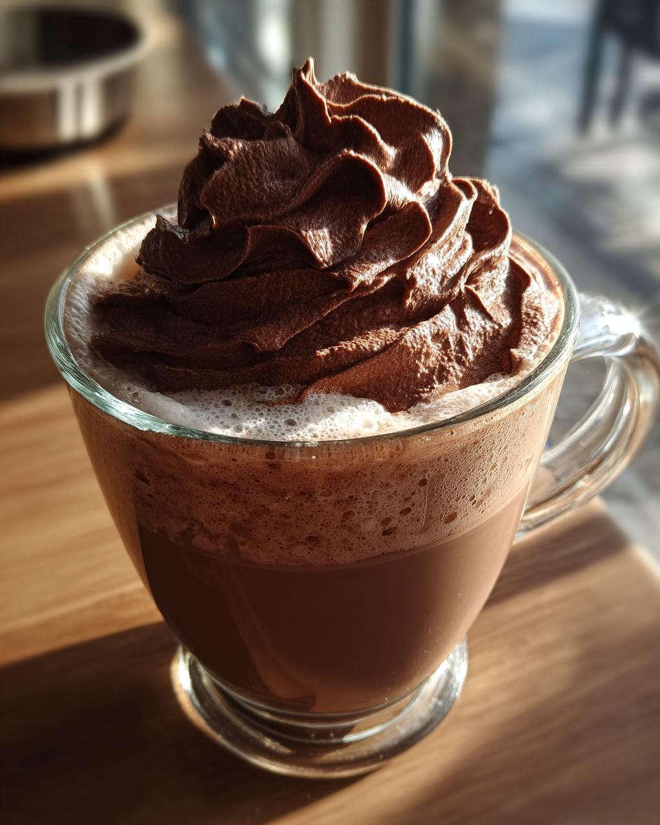 Close-up of a glass mug filled with rich hot chocolate topped with a generous swirl of chocolate whipped hot chocolate.