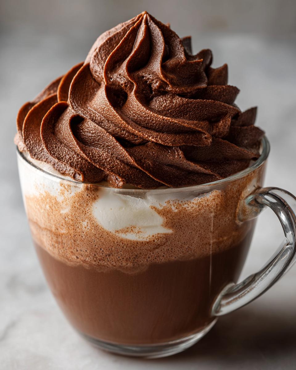 Close-up of a glass mug filled with hot chocolate topped generously with piped chocolate whipped hot chocolate topping.