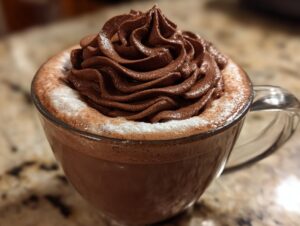 Close-up of a glass mug filled with rich whipped hot chocolate topped with a dramatic swirl of chocolate whipped cream.