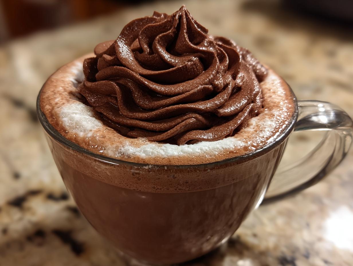 Close-up of a glass mug filled with rich whipped hot chocolate topped with a dramatic swirl of chocolate whipped cream.