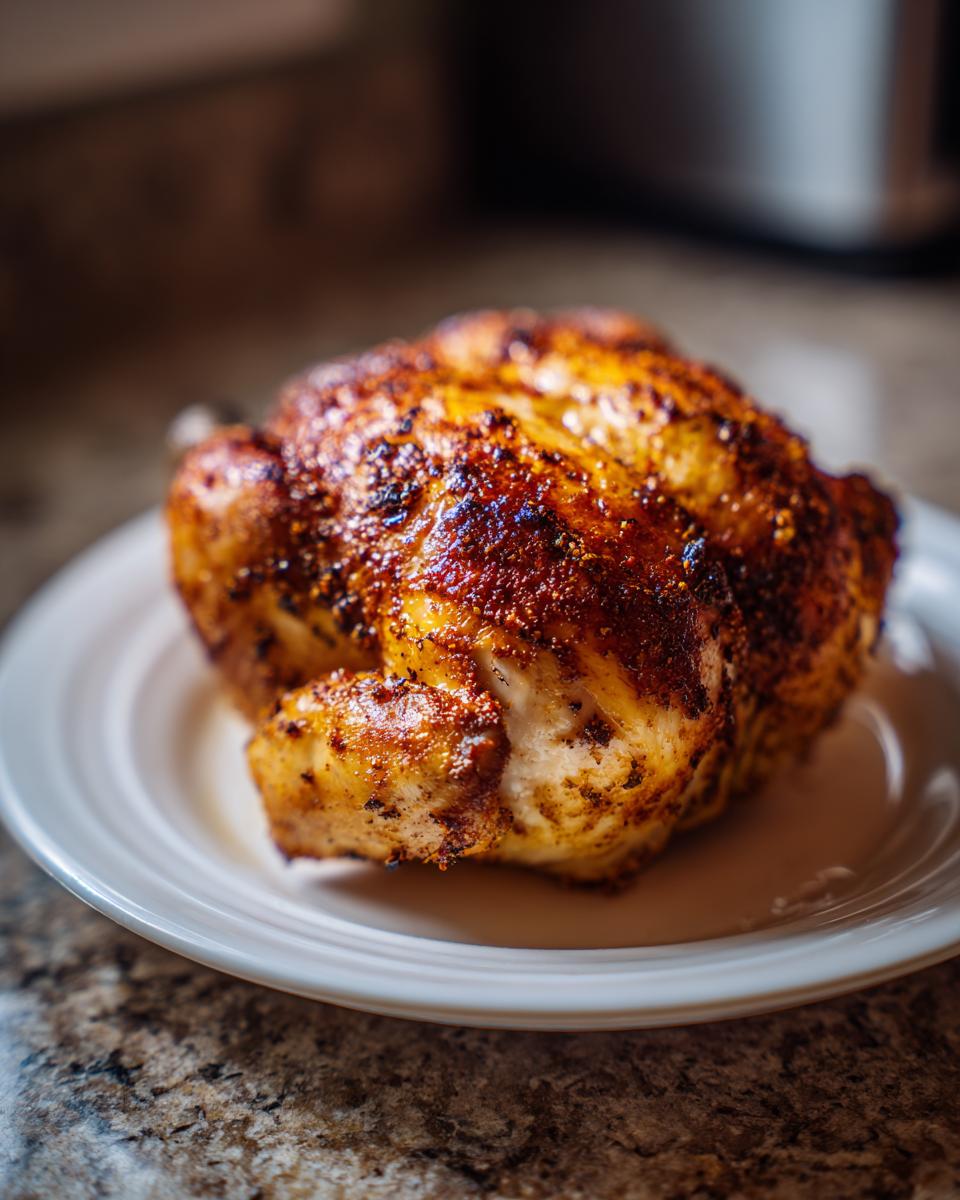 Close-up of a beautifully roasted spatchcock chicken with crispy, seasoned skin resting on a white plate.