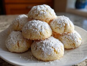 A close-up stack of freshly baked russian tea cakes heavily dusted with white powdered sugar on a white plate.