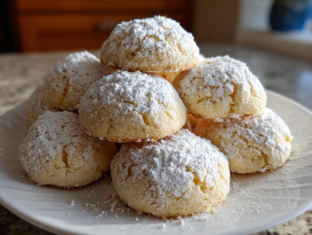 A close-up stack of freshly baked russian tea cakes heavily dusted with white powdered sugar on a white plate.