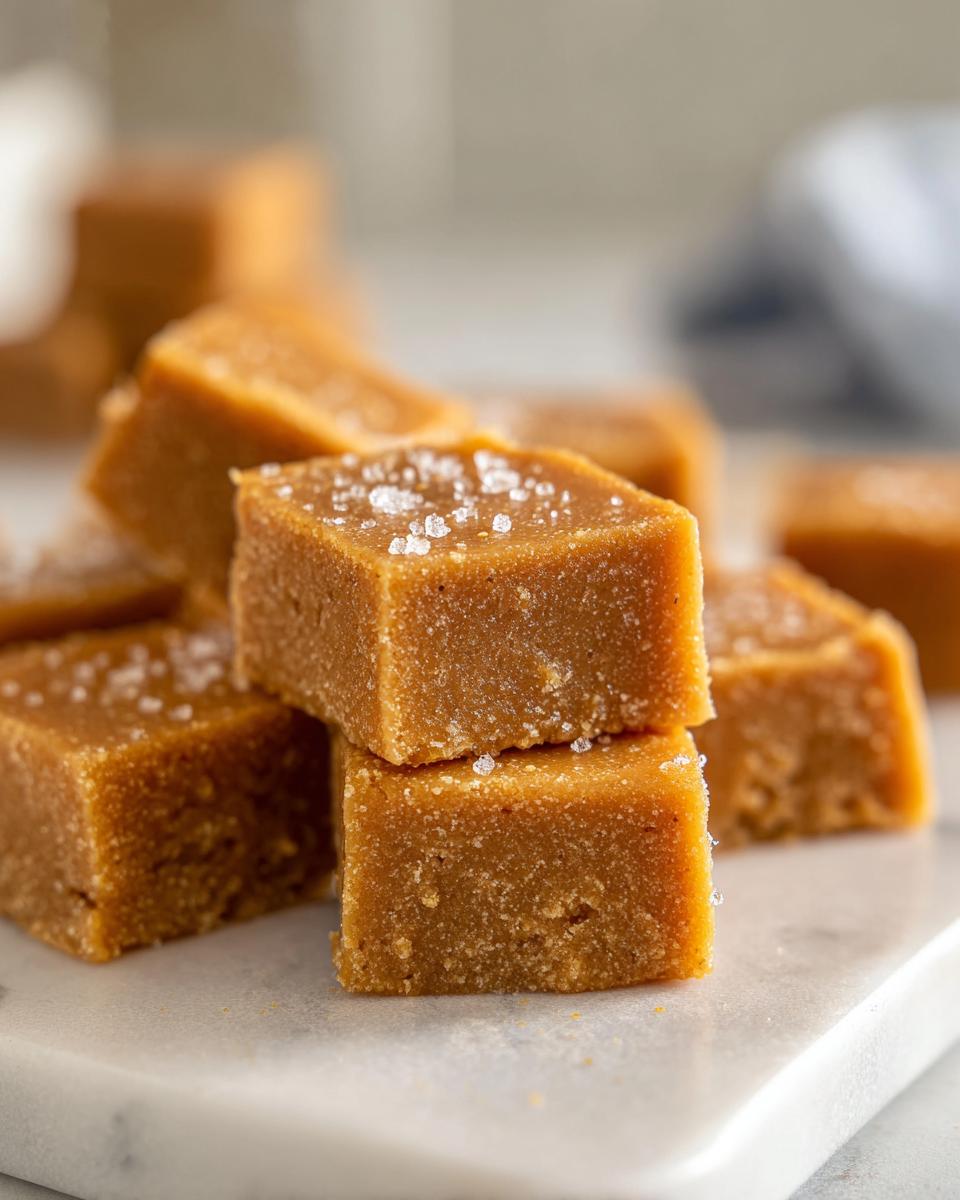 Close-up of rich, brown penuche fudge squares stacked on a white marble surface, sprinkled with sea salt.