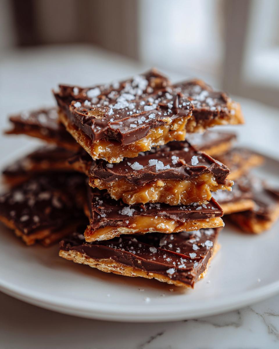 Close-up of stacked saltine cracker toffee squares topped with melted chocolate and flaky sea salt.