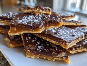 A stack of homemade saltine cracker toffee squares topped with melted chocolate and flaky sea salt.