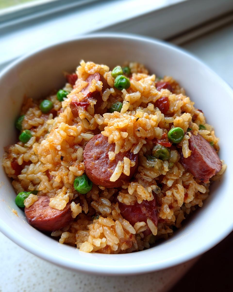 A close-up of a white bowl filled with savory sausage and rice mixed with bright green peas.
