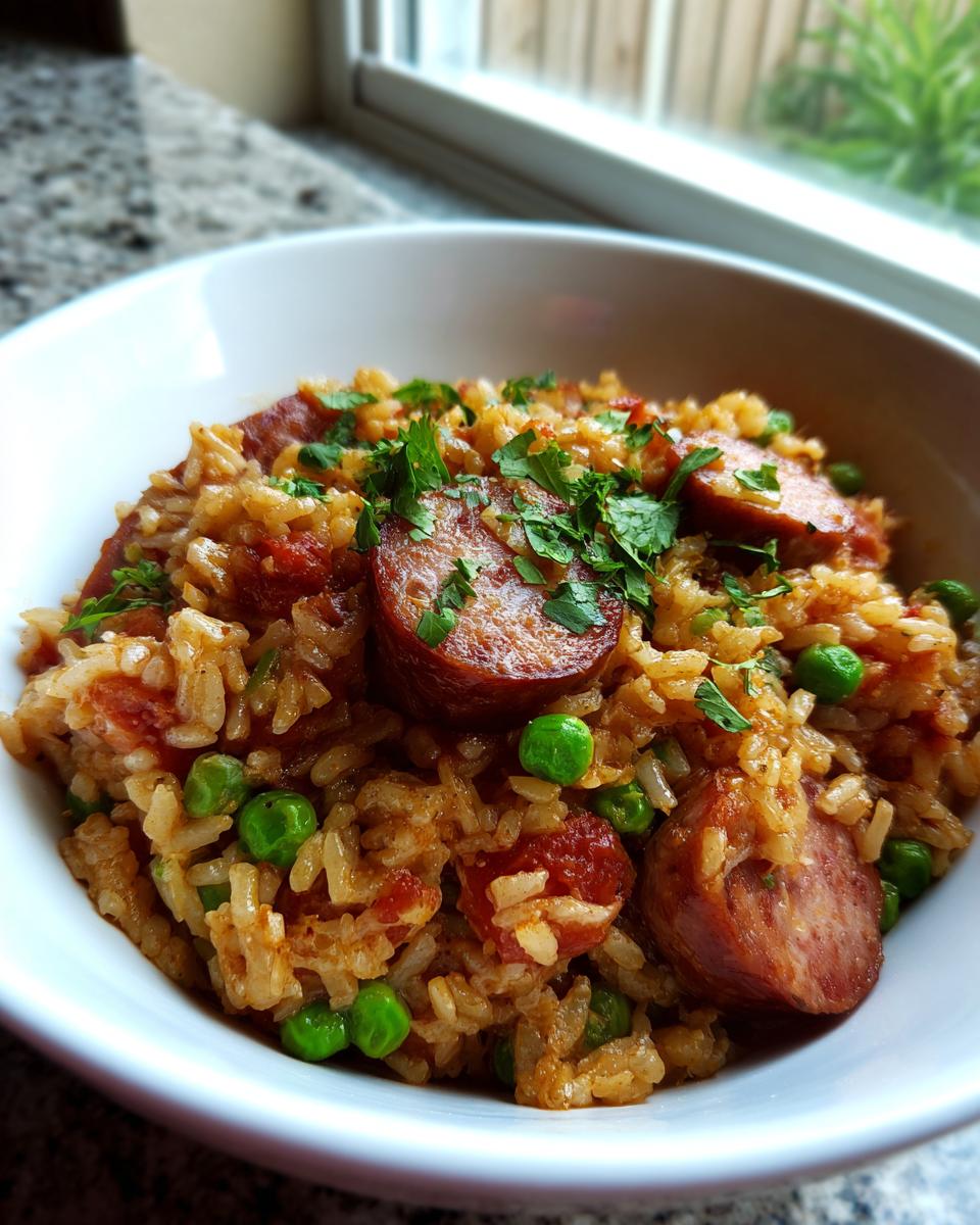 A close-up of a white bowl filled with savory sausage and rice mixed with bright green peas, garnished with fresh parsley.