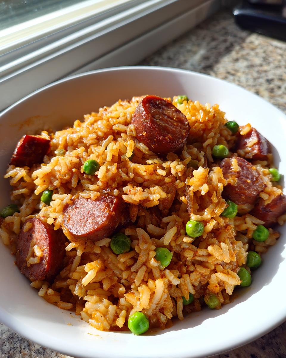 A white bowl filled with seasoned sausage and rice mixed with bright green peas, ready to eat.