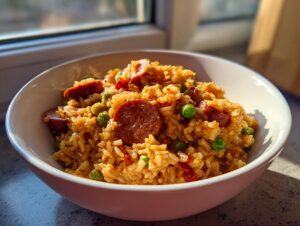 A close-up of a bowl filled with flavorful sausage and rice mixed with green peas, highlighted by sunlight.