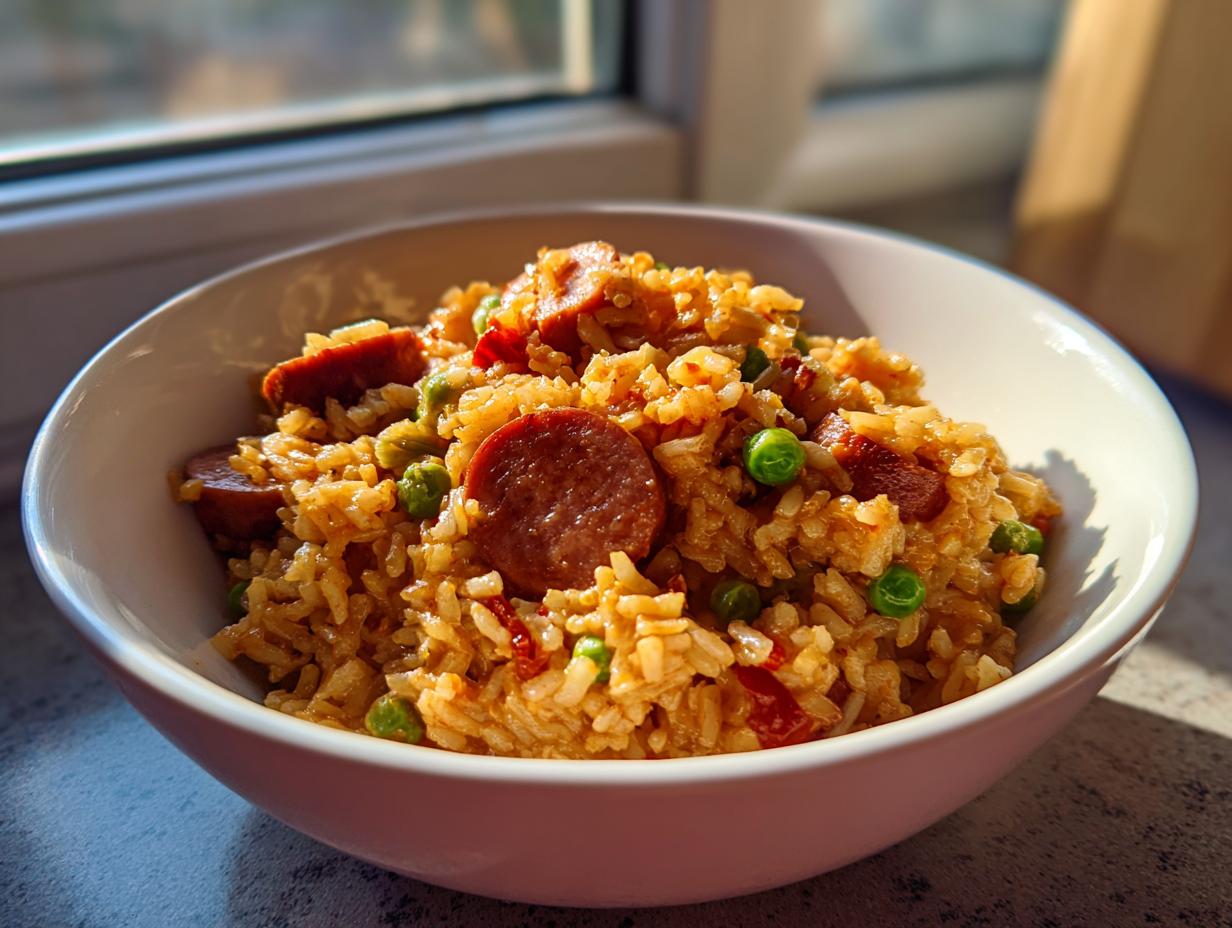 A close-up of a bowl filled with flavorful sausage and rice mixed with green peas, highlighted by sunlight.