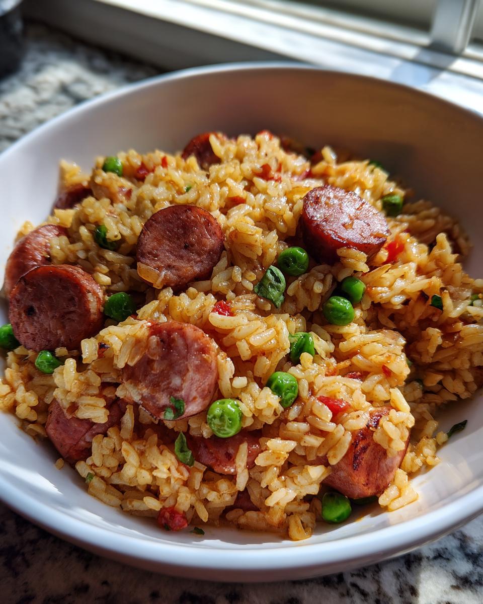 Close-up of a white bowl filled with savory sausage and rice mixed with green peas.
