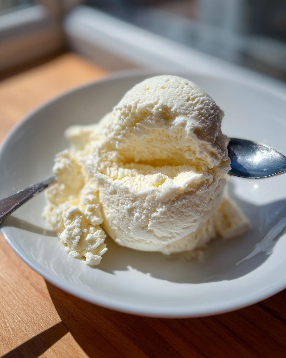 A generous scoop of creamy white cottage cheese ice cream served in a white bowl with a spoon.