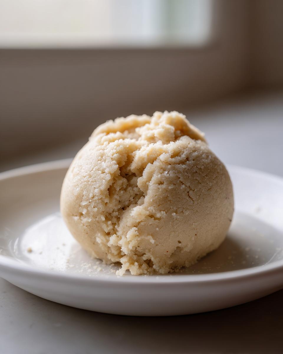 A scoop of pale, crumbly homemade marzipan recipe paste resting on a small white saucer.