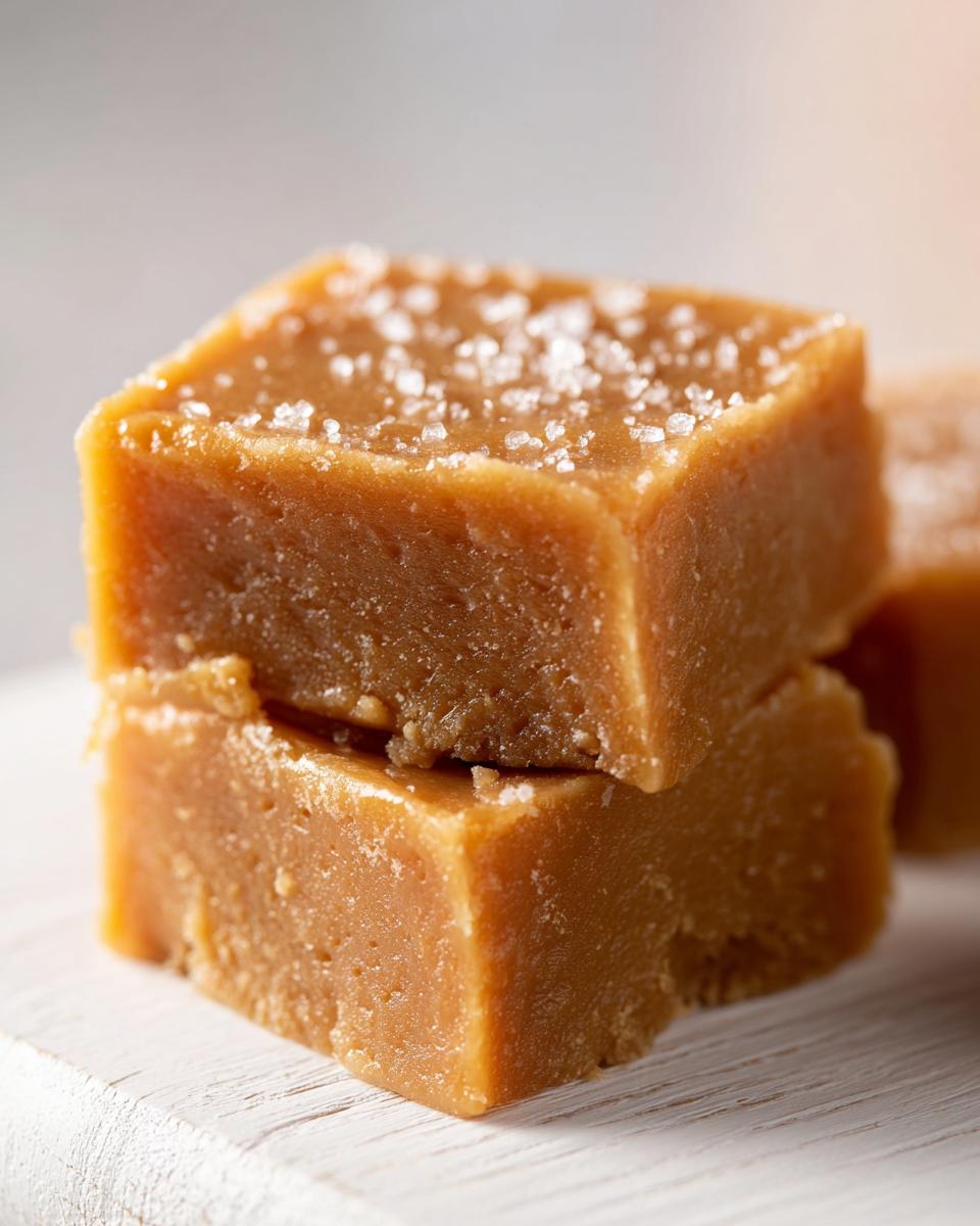 Two stacked squares of rich, brown penuche fudge topped with flaky sea salt crystals.