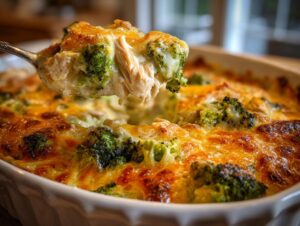 A spoonful of creamy Chicken Divan casserole, featuring chicken, broccoli, and melted golden cheese, lifted from the baking dish.