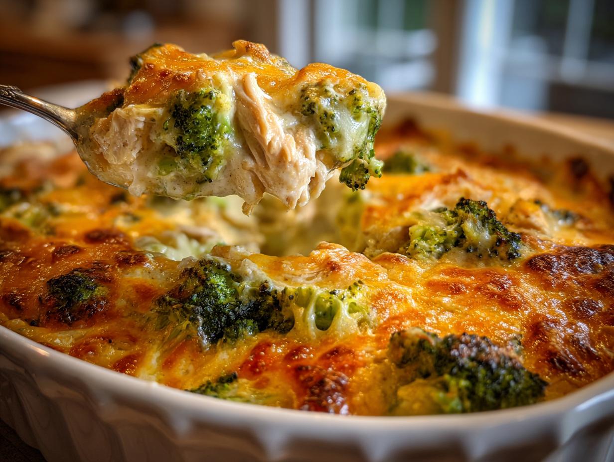 A spoonful of creamy Chicken Divan casserole, featuring chicken, broccoli, and melted golden cheese, lifted from the baking dish.