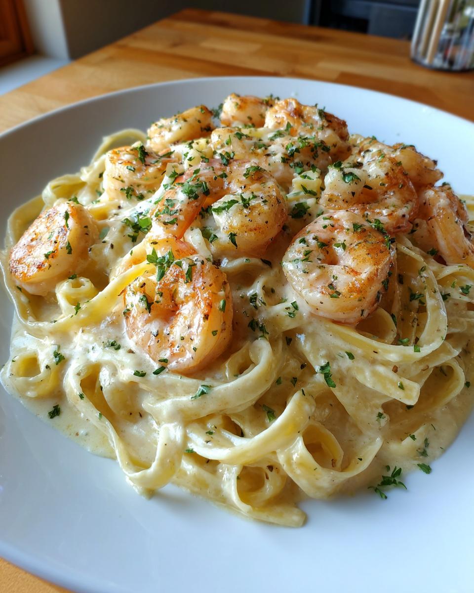 A close-up shot of perfectly cooked shrimp alfredo pasta, featuring fettuccine coated in rich cream sauce and topped with seasoned shrimp.