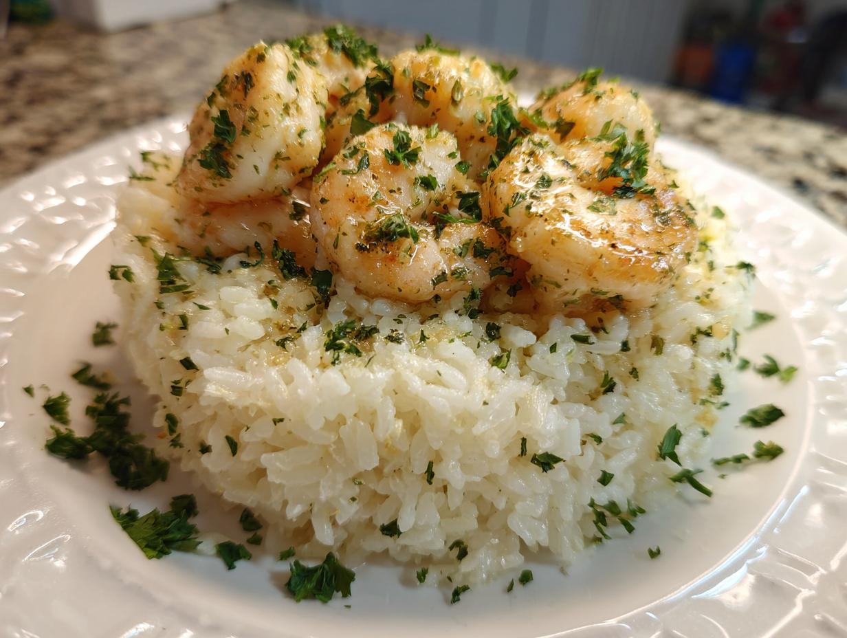 Close-up of shrimp served over a mound of garlic parmesan rice, garnished with fresh parsley.