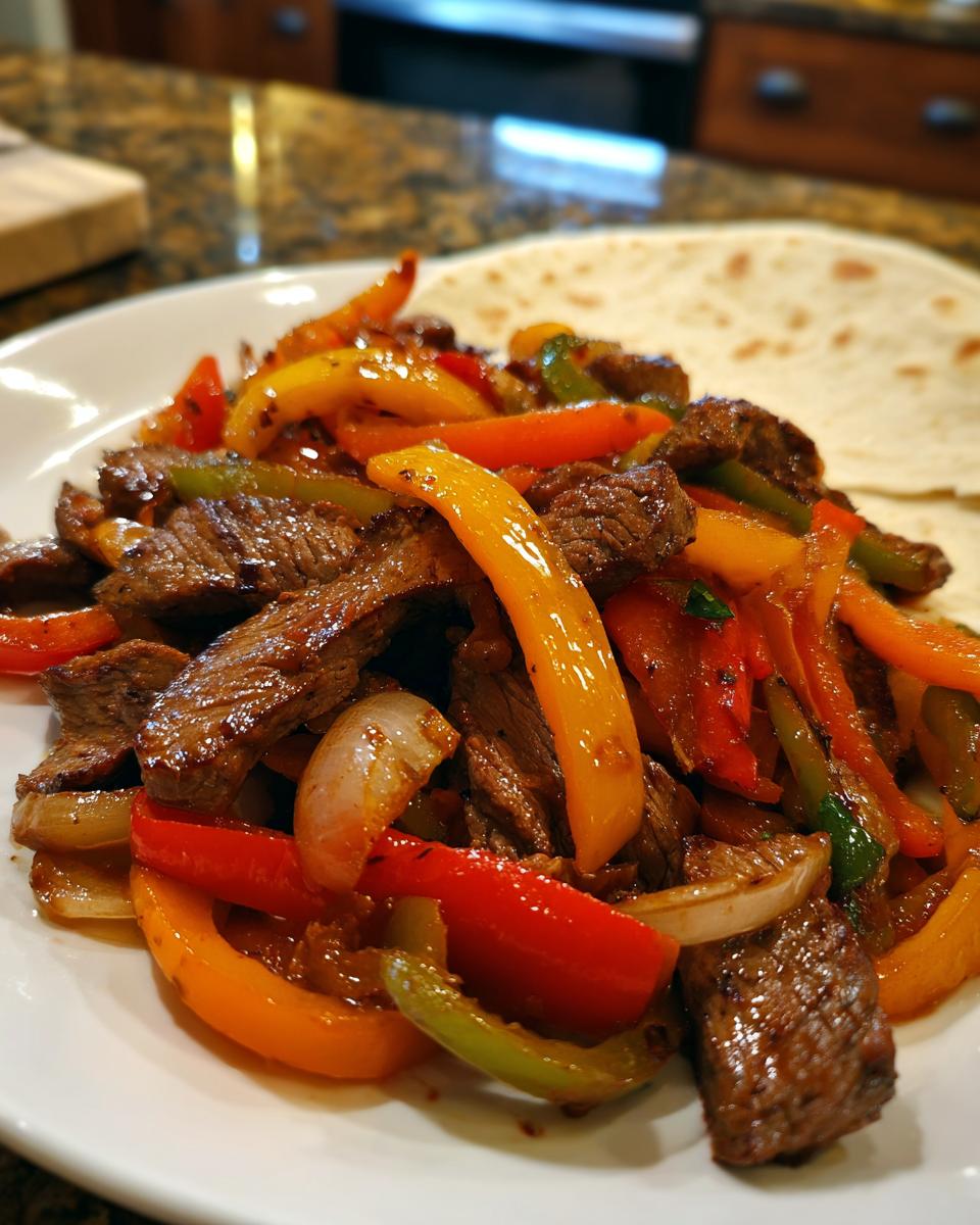 A close-up of sizzling steak fajitas featuring strips of seasoned beef mixed with colorful bell peppers and onions, served with a tortilla.