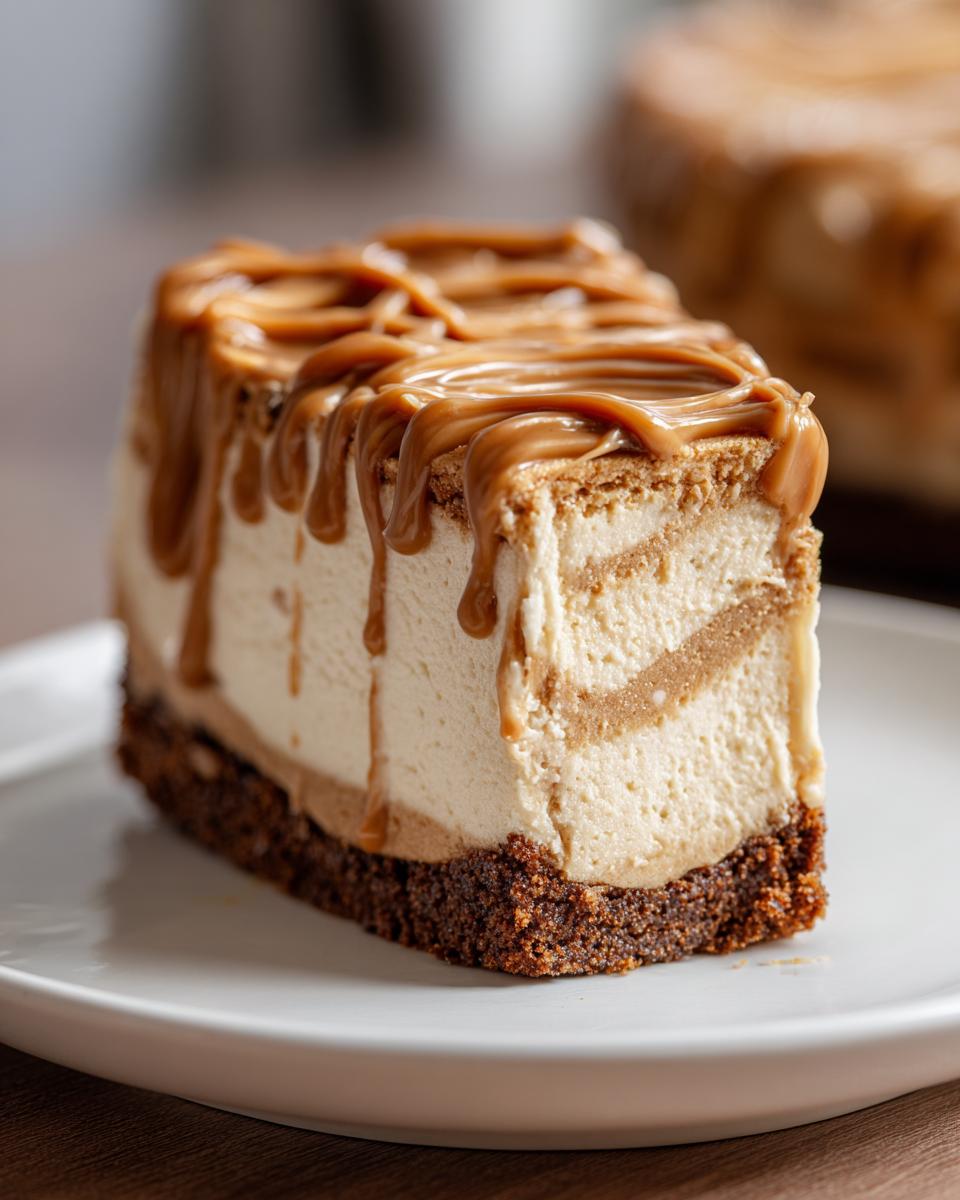 A decadent slice of biscoff cheesecake featuring a thick crust, creamy filling, and rich caramel drizzle.